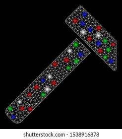 Bright mesh hammer with glow effect. White wire carcass triangular mesh in vector format on a black background. Abstract 2d mesh designed with triangular lines, points, colored flare spots.