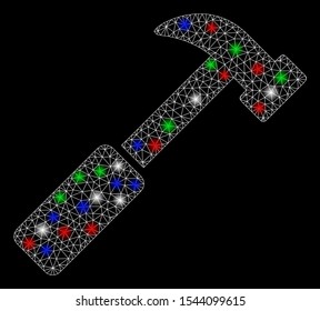 Bright mesh hammer with glow effect. White wire carcass polygonal mesh in vector format on a black background. Abstract 2d mesh designed with polygonal grid, round dots, colorful flare spots.