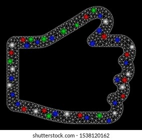 Bright mesh hand with glare effect. White wire carcass triangular mesh in vector format on a black background. Abstract 2d mesh designed with polygonal grid, small circle, colored glare spots.