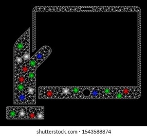 Bright mesh hand holds PDA with lightspot effect. White wire frame triangular mesh in vector format on a black background. Abstract 2d mesh built from triangular lines, small circle,