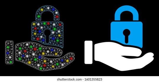 Bright mesh hand with lock icon with glow effect. Abstract illuminated model of hand with lock. Shiny wire frame triangular mesh hand with lock icon. Vector abstraction on a black background.