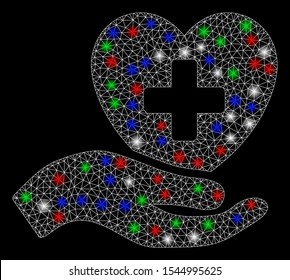 Bright mesh hand offer cardiology with lightspot effect. White wire carcass triangular mesh in vector format on a black background. Abstract 2d mesh designed with triangular lines, round dots,