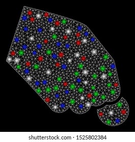 Bright mesh hand pay coin with glare effect. White wire frame triangular network in vector format on a black background. Abstract 2d mesh designed with triangular lines, spheric points,