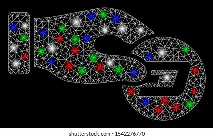 Bright mesh hand pay Dash with glare effect. White wire frame triangular mesh in vector format on a black background. Abstract 2d mesh designed with triangular lines, spheric points,