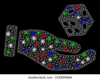 Bright mesh hand play dice with glow effect. White wire carcass triangular mesh in vector format on a black background. Abstract 2d mesh designed with triangular lines, dots, colored glare spots.