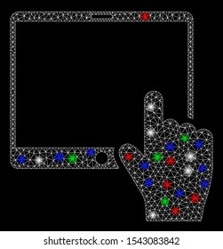Bright mesh hand points mobile tablet with glare effect. White wire carcass polygonal network in vector format on a black background. Abstract 2d mesh designed with triangles, points,