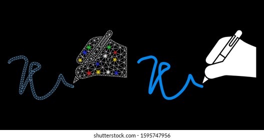 Bright mesh hand signature icon with lightspot effect. Abstract illuminated model of hand signature. Shiny wire carcass triangular mesh hand signature icon. Vector abstraction on a black background.