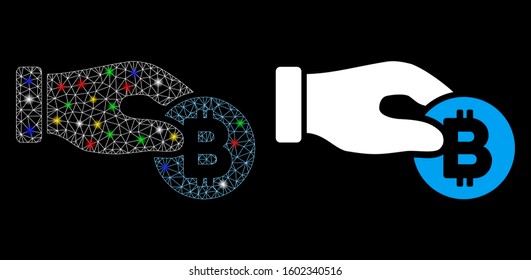 Bright mesh hand take Bitcoin icon with sparkle effect. Abstract illuminated model of hand take Bitcoin. Shiny wire carcass triangular mesh hand take Bitcoin icon.