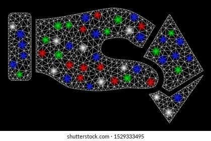 Bright mesh hand take Ethereum with lightspot effect. White wire frame triangular mesh in vector format on a black background. Abstract 2d mesh built from triangular lines, spheric points,