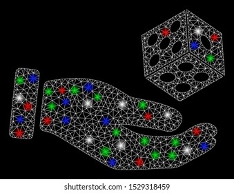 Bright mesh hand throw dice with glare effect. White wire frame polygonal mesh in vector format on a black background. Abstract 2d mesh created from polygonal grid, dots, colored flare spots.