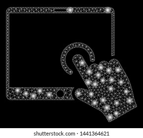 Bright mesh hand touch PDA with glare effect. Abstract illuminated model of hand touch PDA icon. Shiny wire carcass triangular network hand touch PDA. Vector abstraction on a black background.