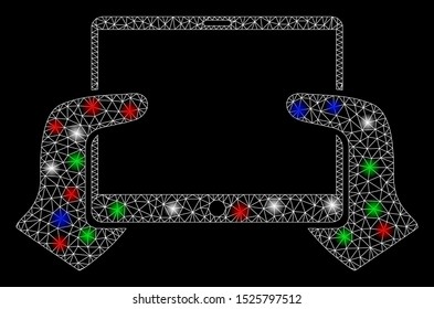 Bright mesh hands hold PDA with lightspot effect. White wire frame polygonal mesh in vector format on a black background. Abstract 2d mesh designed with polygonal grid, small circle,