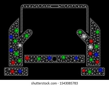 Bright mesh hands hold tablet with glare effect. White wire carcass triangular mesh in vector format on a black background. Abstract 2d mesh built from triangular lines, dots, colorful glare spots.