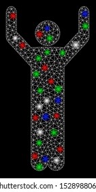 Bright mesh hands up pose with glare effect. White wire frame triangular mesh in vector format on a black background. Abstract 2d mesh designed with triangular lines, spheric points,