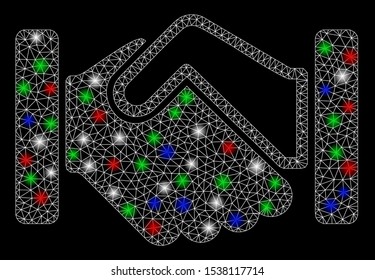 Bright mesh handshake with glare effect. White wire carcass triangular mesh in vector format on a black background. Abstract 2d mesh designed with triangles, points, colorful glare spots.