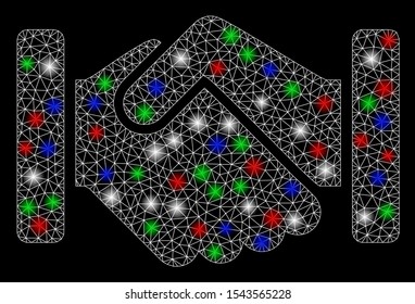 Bright mesh handshake with glare effect. White wire frame triangular mesh in vector format on a black background. Abstract 2d mesh designed with triangular lines, round dots, colorful glare spots.