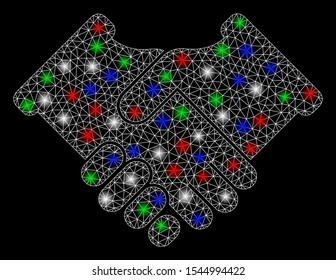 Bright mesh handshake with glare effect. White wire carcass polygonal network in vector format on a black background. Abstract 2d mesh designed with polygonal grid, spheric points,