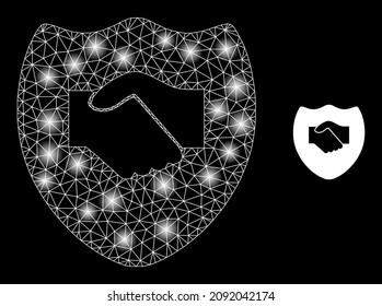 Icono de la red del protector de la malla brillante con manecillos iluminados. La constelación iluminada se genera utilizando el icono vectorial del escudo de apretón de manos. Escudo de apretón de manos polígono de marco brillante,