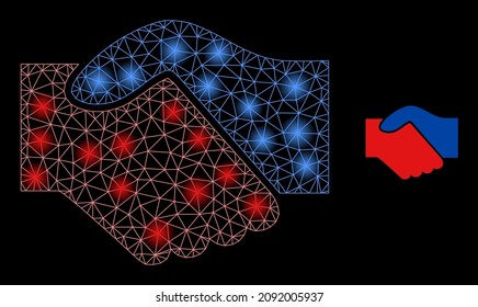 Bright mesh handshake web icon with bright spots. Illuminated constellation is done using handshake vector icon. Bright frame web polygonal handshake, on a black background.