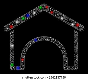 Bright mesh hangar with glow effect. White wire carcass triangular mesh in vector format on a black background. Abstract 2d mesh designed with triangles, spheric points, colorful light spots.