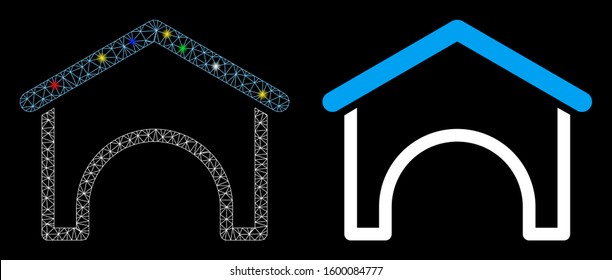 Bright mesh hangar icon with glare effect. Abstract illuminated model of hangar. Shiny wire frame triangular mesh hangar icon. Vector abstraction on a black background.