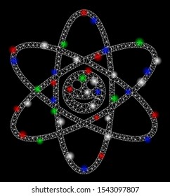 Bright mesh happy atom with lightspot effect. White wire frame polygonal network in vector format on a black background. Abstract 2d mesh designed with polygonal grid, small circle,