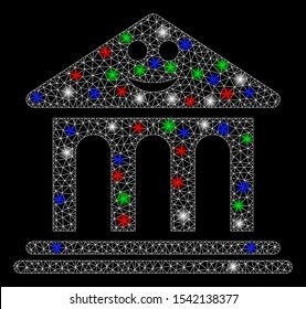 Bright mesh happy bank with lightspot effect. White wire carcass triangular network in vector format on a black background. Abstract 2d mesh designed with triangular lines, small circle,