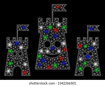 Bright mesh happy bulwark with glare effect. White wire frame triangular network in vector format on a black background. Abstract 2d mesh designed with triangular lines, small circle,