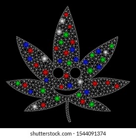 Bright mesh happy cannabis with lightspot effect. White wire carcass polygonal mesh in vector format on a black background. Abstract 2d mesh designed with polygonal grid, small circle,