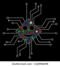 Bright mesh happy chip circuit with glare effect. White wire frame polygonal mesh in vector format on a black background. Abstract 2d mesh designed with polygonal grid, points, colored glare spots.