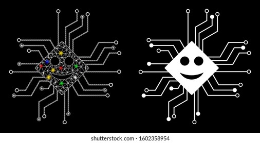 Bright mesh happy chip circuit icon with lightspot effect. Abstract illuminated model of happy chip circuit. Shiny wire carcass triangular mesh happy chip circuit icon.