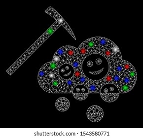 Bright mesh happy cloud mining with glare effect. White wire frame triangular mesh in vector format on a black background. Abstract 2d mesh designed with triangular lines, round dots,