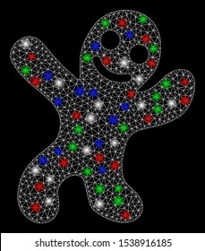 Bright mesh happy cookie man with glow effect. White wire frame triangular mesh in vector format on a black background. Abstract 2d mesh designed with triangular lines, round dots,