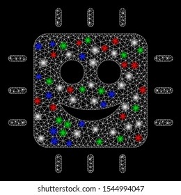 Bright mesh happy CPU with glare effect. White wire carcass polygonal network in vector format on a black background. Abstract 2d mesh designed with polygonal grid, dots, colored glare spots.