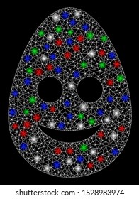 Bright mesh happy egg with glare effect. White wire frame triangular network in vector format on a black background. Abstract 2d mesh designed with triangular lines, points, colorful flare spots.