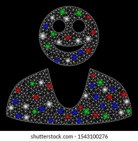 Bright mesh happy guy with glare effect. White wire frame polygonal mesh in vector format on a black background. Abstract 2d mesh created from polygonal grid, spheric points, colorful flare spots.