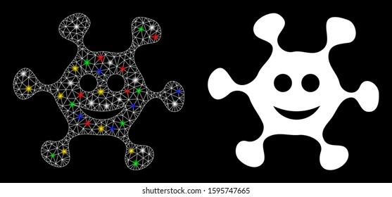 Bright mesh happy microbe icon with glare effect. Abstract illuminated model of happy microbe. Shiny wire frame polygonal mesh happy microbe icon. Vector abstraction on a black background.