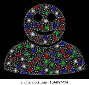 Bright mesh happy person with glow effect. White wire carcass triangular mesh in vector format on a black background. Abstract 2d mesh designed with polygonal grid, round dots, colored light spots.