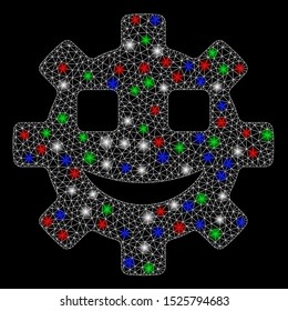 Bright mesh happy service gear smiley with glow effect. White wire frame polygonal mesh in vector format on a black background. Abstract 2d mesh built from polygonal grid, dots, colorful flash spots.