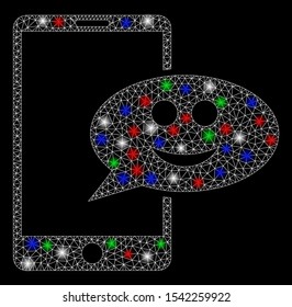 Bright mesh happy smartphone message with glow effect. White wire carcass polygonal mesh in vector format on a black background. Abstract 2d mesh designed with polygonal grid, dots,