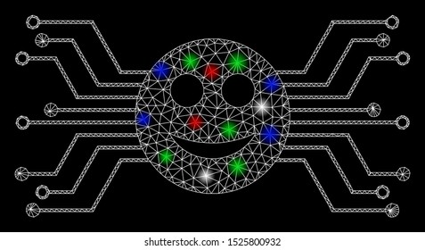 Bright mesh happy smile circuit with glow effect. White wire frame triangular mesh in vector format on a black background. Abstract 2d mesh designed with triangular lines, points, colored glare spots.