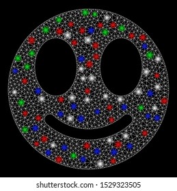 Bright mesh happy smiley with glare effect. White wire carcass polygonal network in vector format on a black background. Abstract 2d mesh created from polygonal grid, points, colorful glare spots.