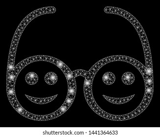 Bright mesh happy spectacles with lightspot effect. Abstract illuminated model of happy spectacles icon. Shiny wire frame polygonal mesh happy spectacles. Vector abstraction on a black background.