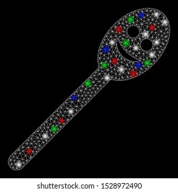 Bright mesh happy spoon with lightspot effect. White wire frame polygonal network in vector format on a black background. Abstract 2d mesh designed with polygonal grid, spheric points,