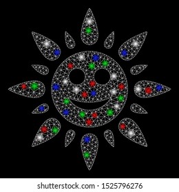 Bright mesh happy sun light with glare effect. White wire carcass polygonal mesh in vector format on a black background. Abstract 2d mesh designed with triangular lines, dots, colored glare spots.