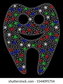Bright mesh happy tooth with glare effect. White wire frame polygonal mesh in vector format on a black background. Abstract 2d mesh created from polygonal grid, points, colorful flare spots.
