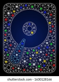 Bright mesh hard disk with glow effect. Abstract illuminated model of hard disk. Shiny wire frame polygonal mesh hard disk icon. Vector abstraction on a dark blue gradient background.