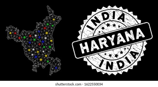 Bright mesh Haryana State map with glow effect, and seal stamp. Wire frame polygonal Haryana State map mesh in vector format on a black background. White round rubber stamp with rubber surface.