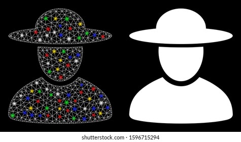 Bright mesh hat man icon with glow effect. Abstract illuminated model of hat man. Shiny wire carcass polygonal mesh hat man icon. Vector abstraction on a black background.