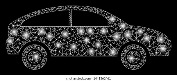Bright mesh hatchback with lightspot effect. Abstract illuminated model of hatchback icon. Shiny wire frame polygonal mesh hatchback. Vector abstraction on a black background.